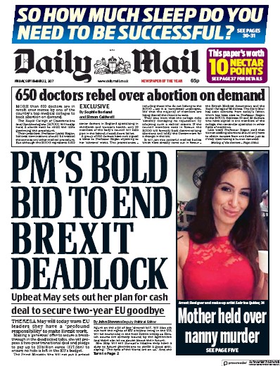 Daily Mail Newspaper Front Page (UK) for 22 September 2017