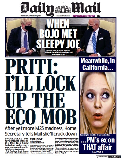 Daily Mail Newspaper Front Page (UK) for 22 September 2021