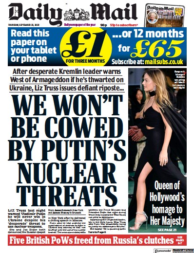 Daily Mail Newspaper Front Page (UK) for 22 September 2022