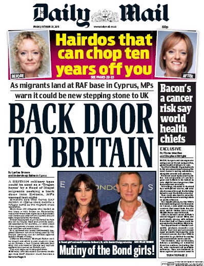 Daily Mail Newspaper Front Page (UK) for 23 October 2015