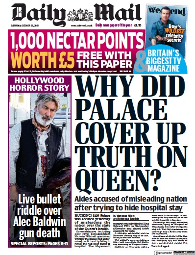 Daily Mail Newspaper Front Page (UK) for 23 October 2021