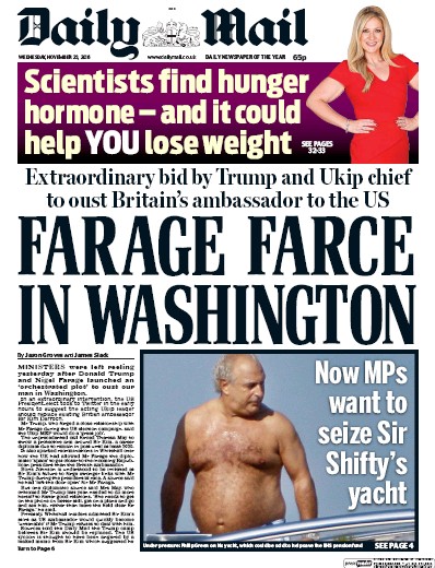 Daily Mail Newspaper Front Page (UK) for 23 November 2016
