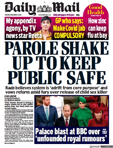 Daily Mail Newspaper Front Page (UK) for 23 November 2021