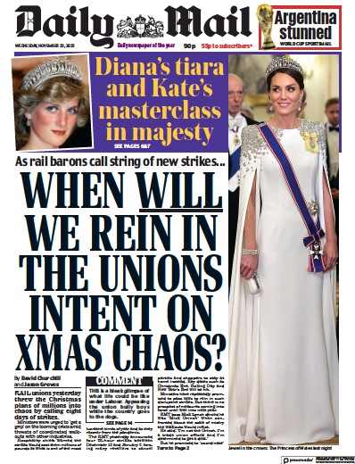 Daily Mail Newspaper Front Page (UK) for 23 November 2022