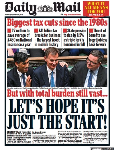 Daily Mail Newspaper Front Page (UK) for 23 November 2023