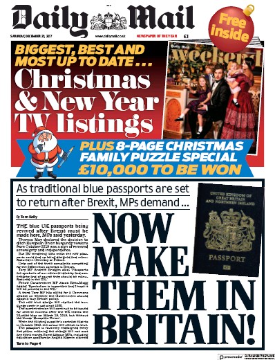 Daily Mail Newspaper Front Page (UK) for 23 December 2017