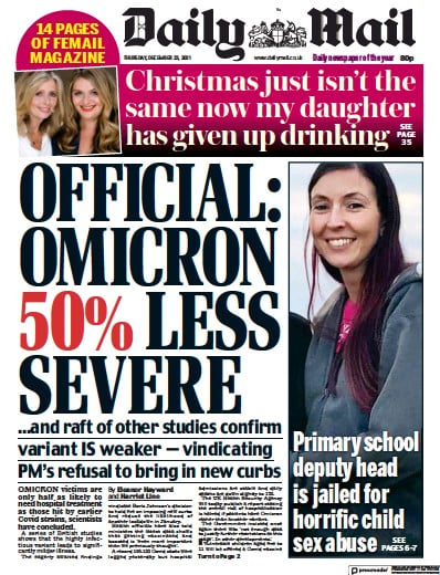 Daily Mail Newspaper Front Page (UK) for 23 December 2021
