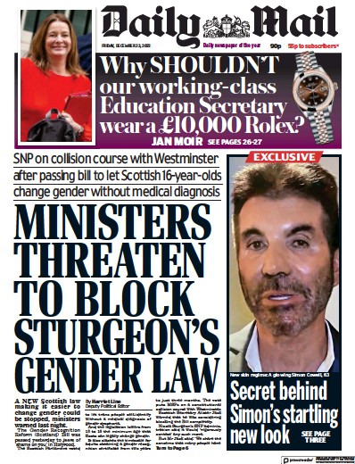Daily Mail Newspaper Front Page (UK) for 23 December 2022