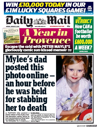 Daily Mail Newspaper Front Page (UK) for 23 January 2018