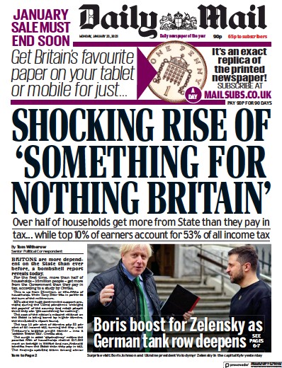 Daily Mail Newspaper Front Page (UK) for 23 January 2023