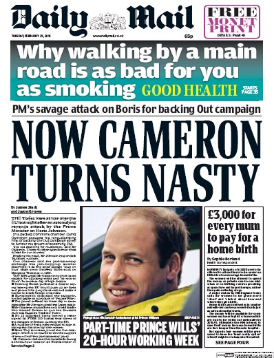 Daily Mail Newspaper Front Page (UK) for 23 February 2016