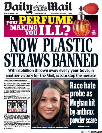 Daily Mail Newspaper Front Page (UK) for 23 February 2018
