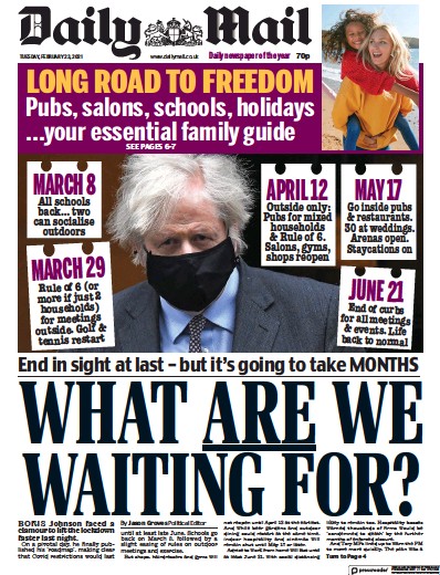 Daily Mail Newspaper Front Page (UK) for 23 February 2021