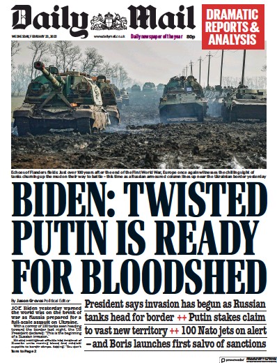 Daily Mail Newspaper Front Page (UK) for 23 February 2022