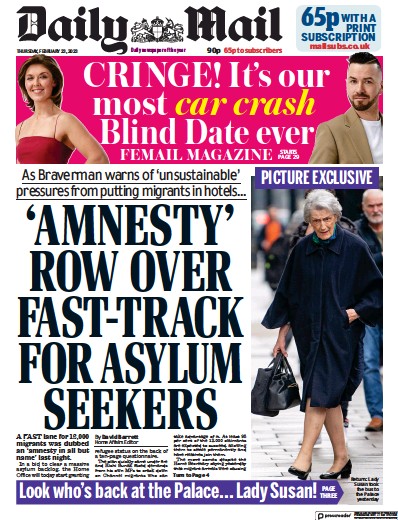 Daily Mail Newspaper Front Page (UK) for 23 February 2023