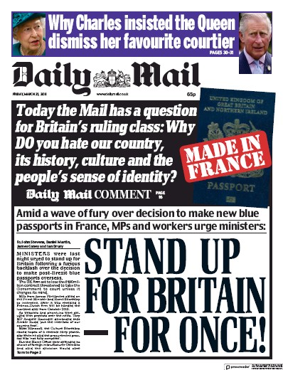 Daily Mail Newspaper Front Page (UK) for 23 March 2018