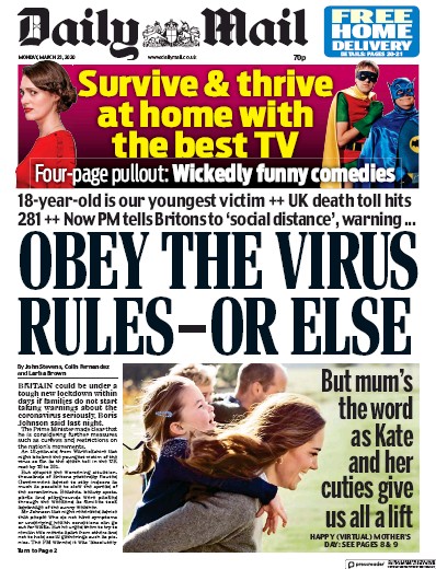 Daily Mail Newspaper Front Page (UK) for 23 March 2020