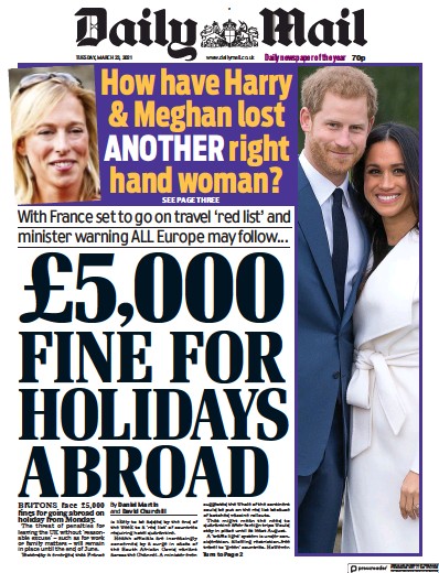 Daily Mail Newspaper Front Page (UK) for 23 March 2021