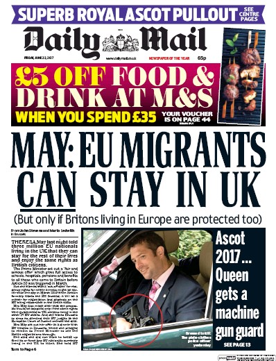 Daily Mail Newspaper Front Page (UK) for 23 June 2017