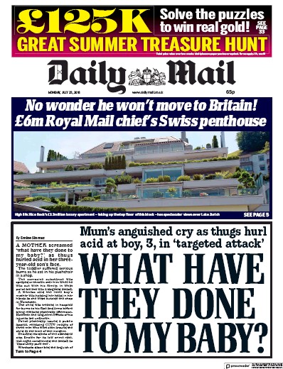 Daily Mail Newspaper Front Page (UK) for 23 July 2018