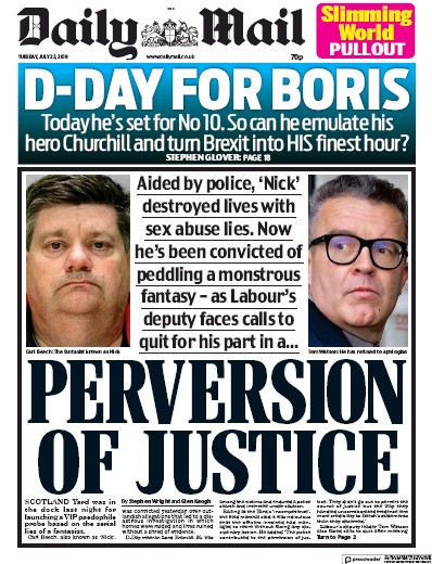 Daily Mail Newspaper Front Page (UK) for 23 July 2019