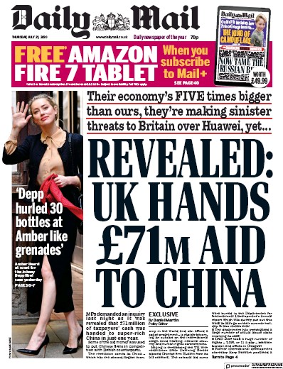 Daily Mail Newspaper Front Page (UK) for 23 July 2020