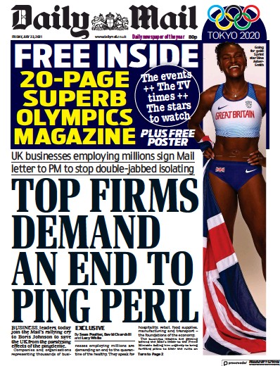 Daily Mail Newspaper Front Page (UK) for 23 July 2021