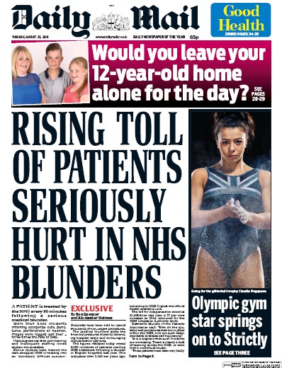 Daily Mail Newspaper Front Page (UK) for 23 August 2016