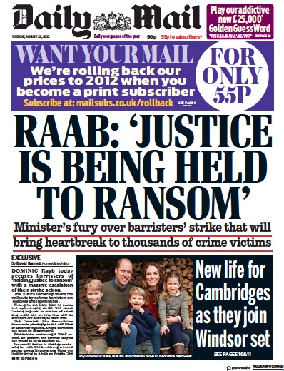 Daily Mail Newspaper Front Page (UK) for 23 August 2022