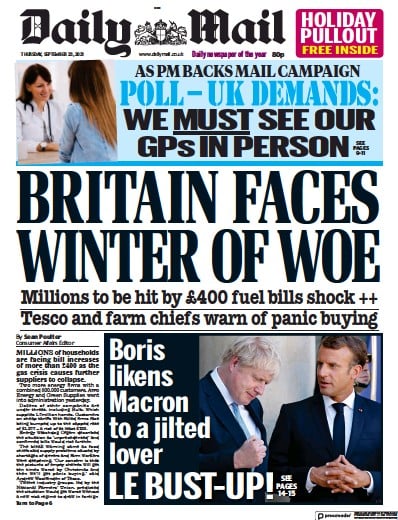 Daily Mail Newspaper Front Page (UK) for 23 September 2021