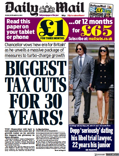 Daily Mail Newspaper Front Page (UK) for 23 September 2022