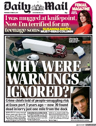 Daily Mail Newspaper Front Page (UK) for 24 October 2019