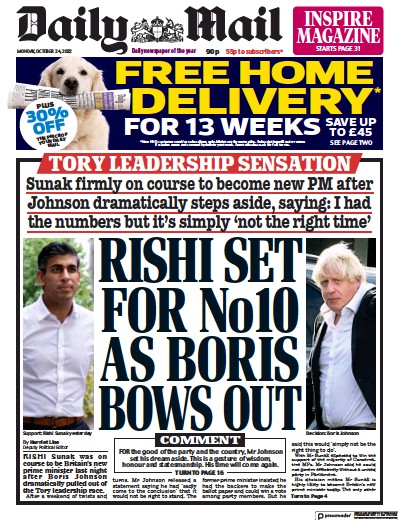 Daily Mail Newspaper Front Page (UK) for 24 October 2022