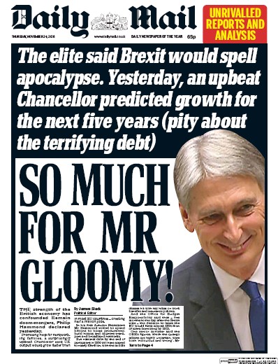 Daily Mail Newspaper Front Page (UK) for 24 November 2016