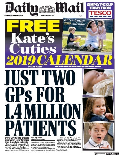 Daily Mail Newspaper Front Page (UK) for 24 November 2018