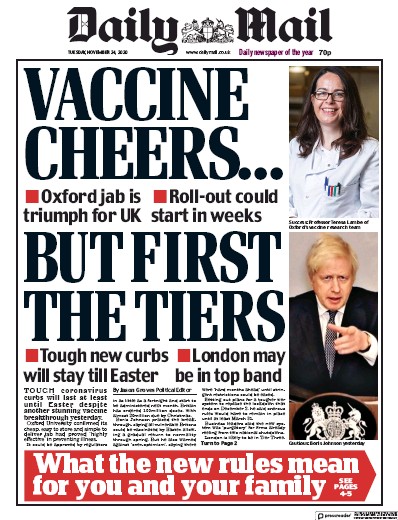 Daily Mail Newspaper Front Page (UK) for 24 November 2020
