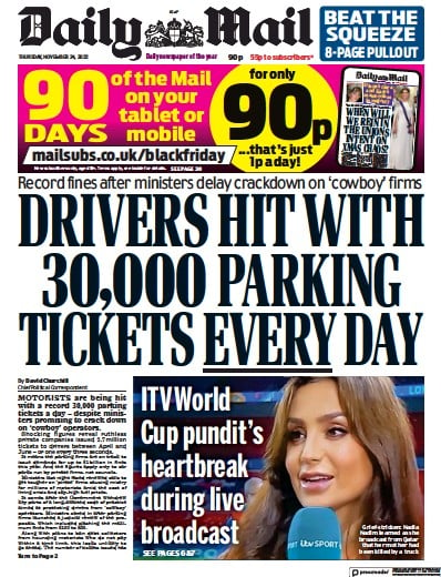 Daily Mail Newspaper Front Page (UK) for 24 November 2022