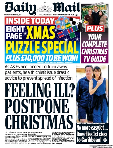 Daily Mail Newspaper Front Page (UK) for 24 December 2016