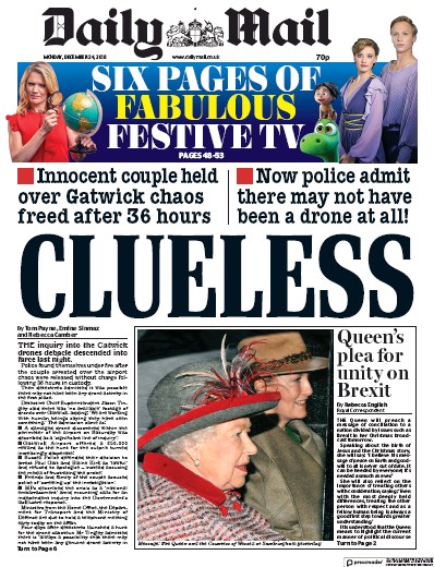 Daily Mail Newspaper Front Page (UK) for 24 December 2018