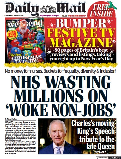 Daily Mail Newspaper Front Page (UK) for 24 December 2022