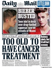 Daily Mail Newspaper Front Page (UK) for 24 January 2014