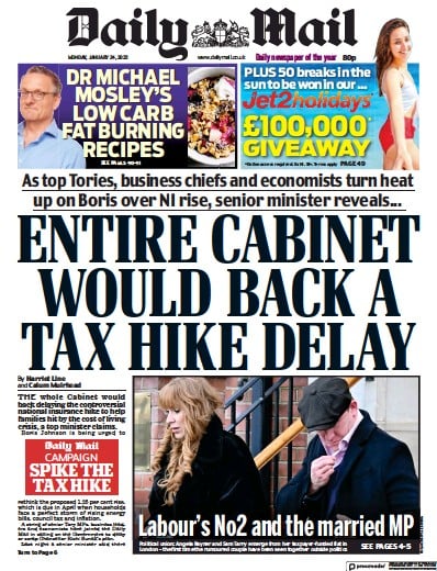 Daily Mail Newspaper Front Page (UK) for 24 January 2022
