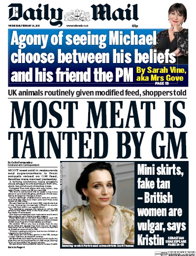 Daily Mail Newspaper Front Page (UK) for 24 February 2016