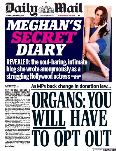 Daily Mail Newspaper Front Page (UK) for 24 February 2018
