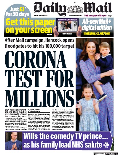 Daily Mail Newspaper Front Page (UK) for 24 April 2020