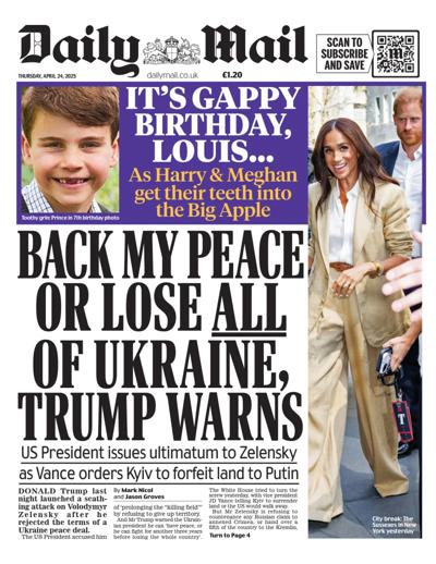 Daily Mail Newspaper Front Page (UK) for 24 April 2025