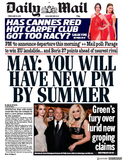 Daily Mail Newspaper Front Page (UK) for 24 May 2019
