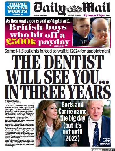 Daily Mail Newspaper Front Page (UK) for 24 May 2021