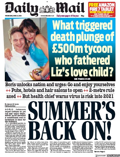 Daily Mail Newspaper Front Page (UK) for 24 June 2020