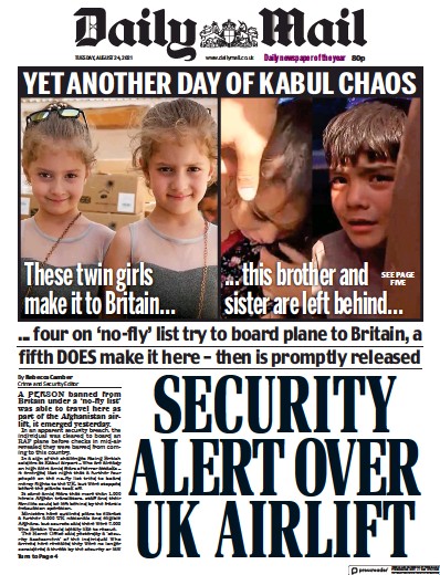 Daily Mail Newspaper Front Page (UK) for 24 August 2021